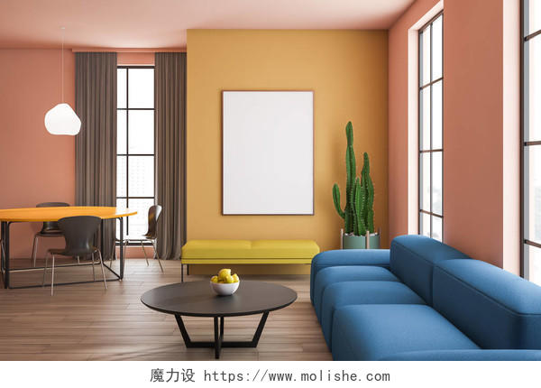 时尚的客厅内部有蓝色的沙发和黄色的长凳